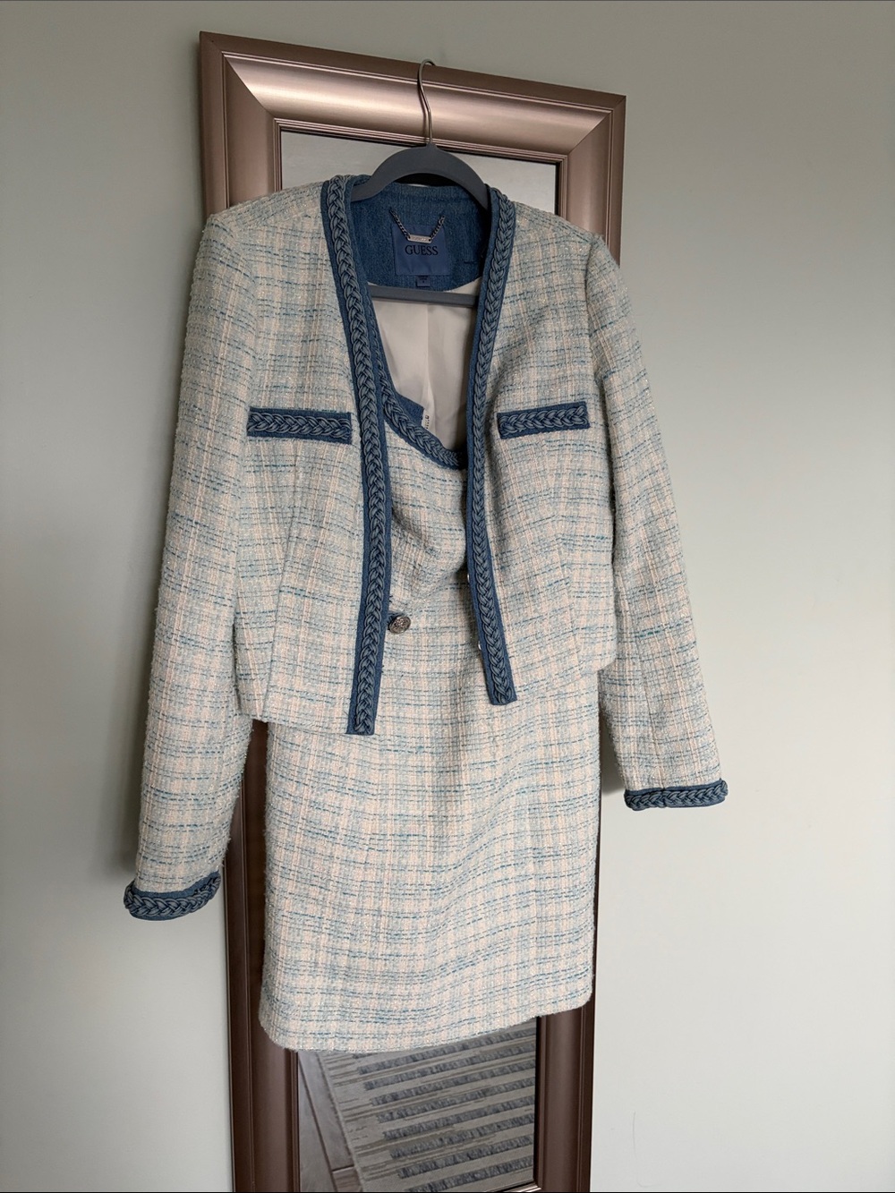 GUESS Cream Tweed Blazer & Skirt with Blue Trim